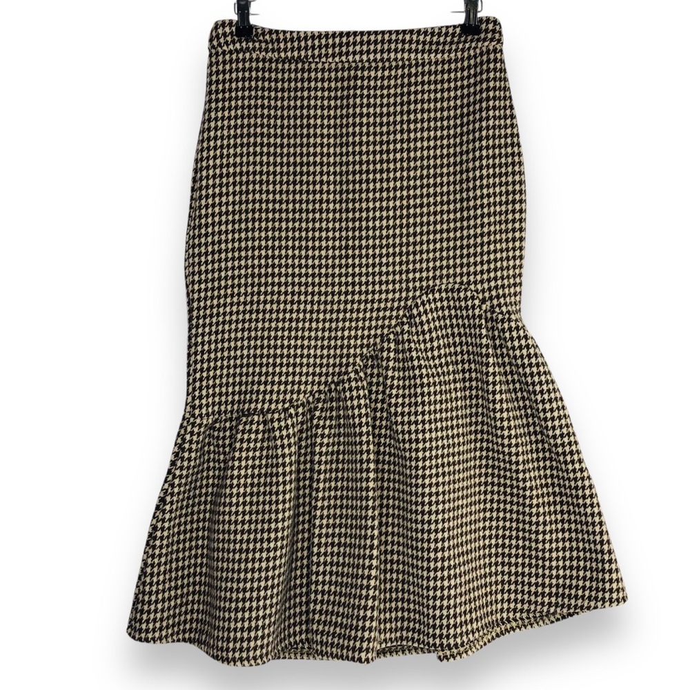 DAZY Women Midi Houndstooth Ruffle Hem Skirt Sz L Brown Beige Corpcore Office